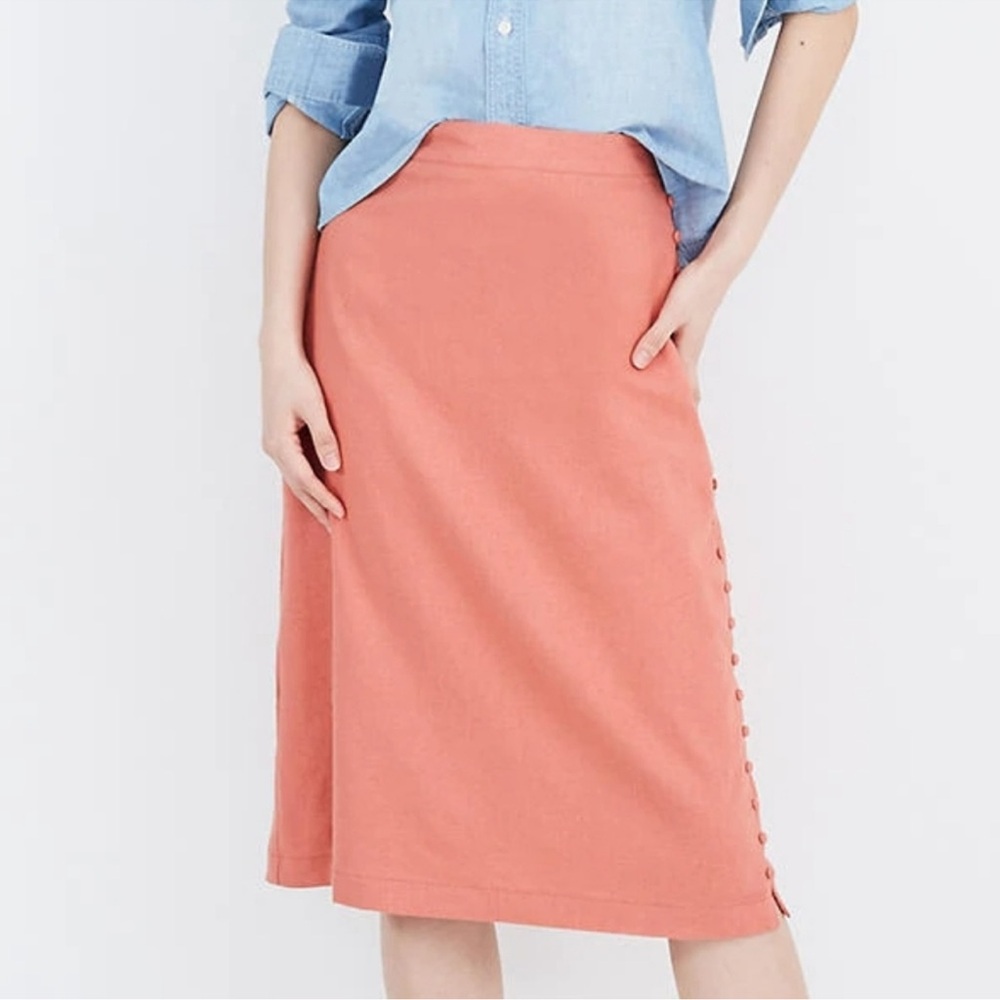 Madewell Button Peach Slit Linen Blend Midi Skirt Coral Size 8 Salmon
